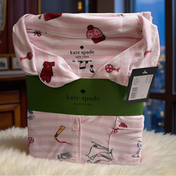 Kate Spade NWT Sz XL Striped Pink Whimsical Long Sleeve Pajama Set (0735) - Picture 2 of 6